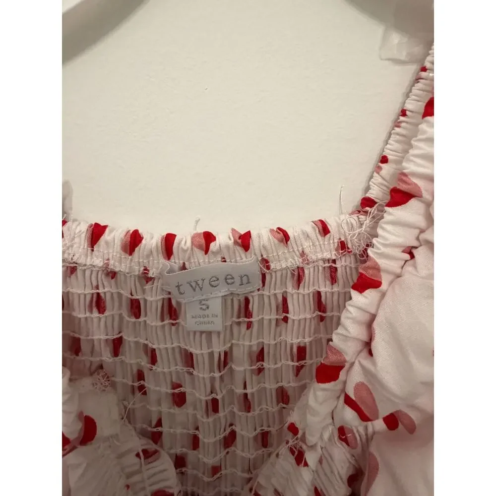 Girls Red & White Smocked Heart Print Dress With Puff Sleeves Btween Size 6